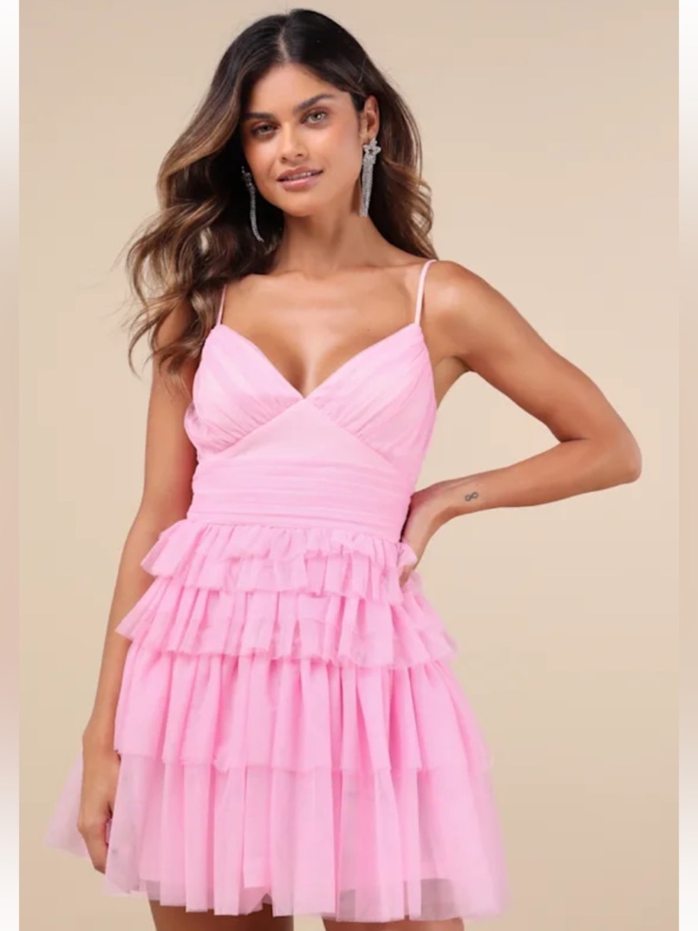 Lulu’s NWT Pink Tulle Pleated Sleeveless Tiered Mini Dress Size Large